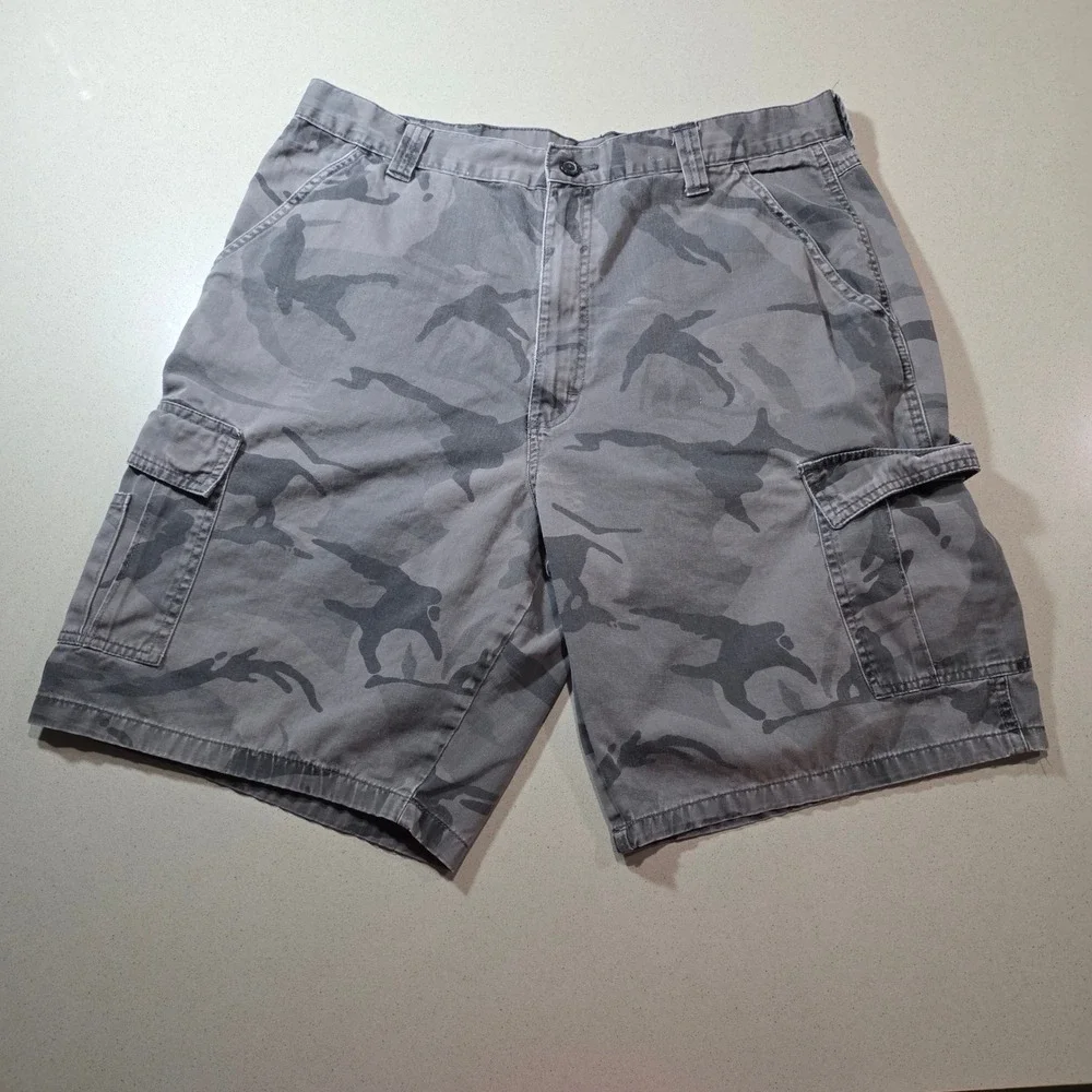Mens Grey Camo Cargo Shorts Heavy Duty Cotton Utility Pockets Size 35